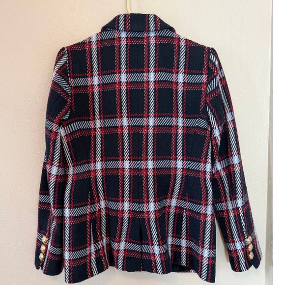 Women's Boston Proper Navy Red Plaid Gold Buttons Blazer Jacket Size 8 - Picture 2 of 7